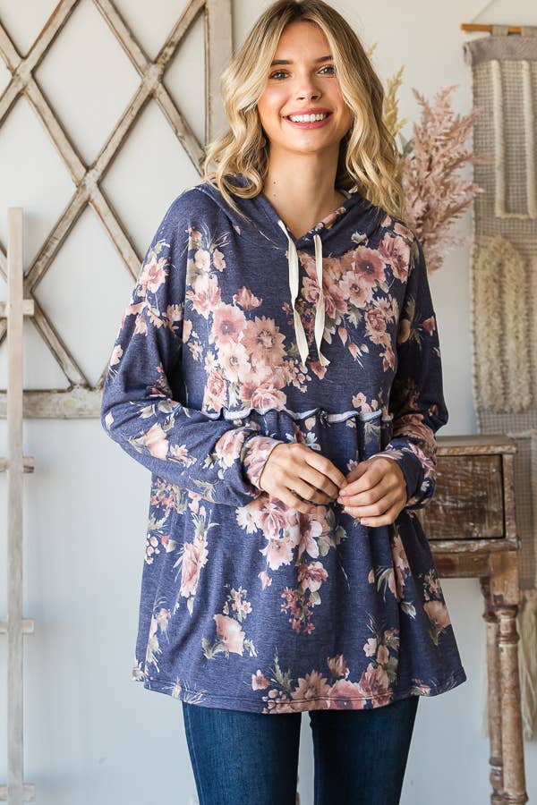 SBB9964 Vintage Floral Print Babydoll Hoodie Top