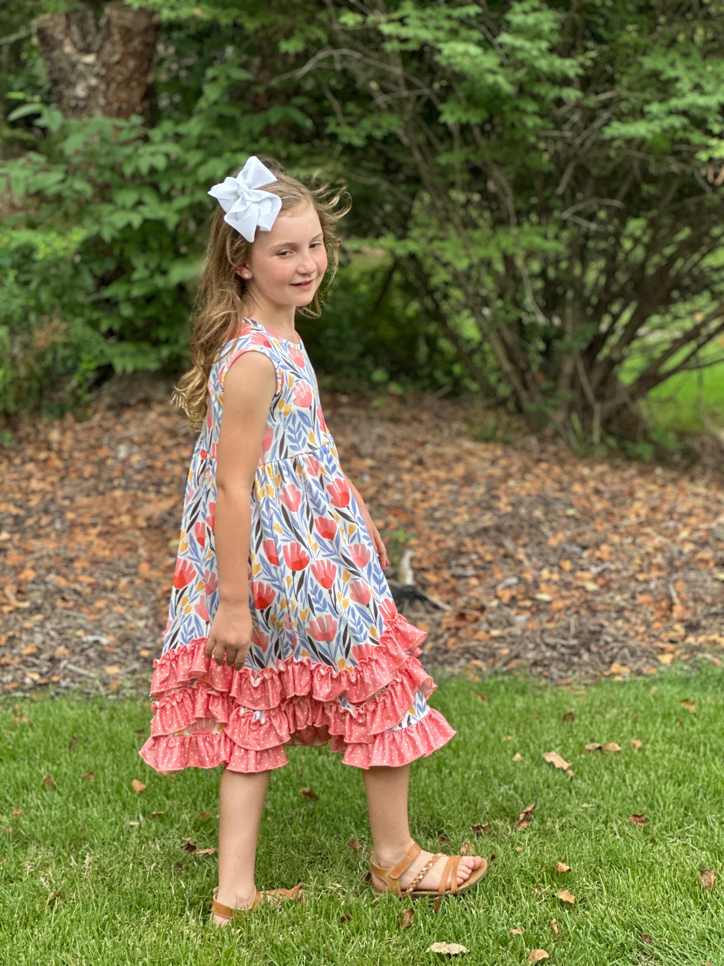 Girls' Peach Dot Floral Ruffle Dress