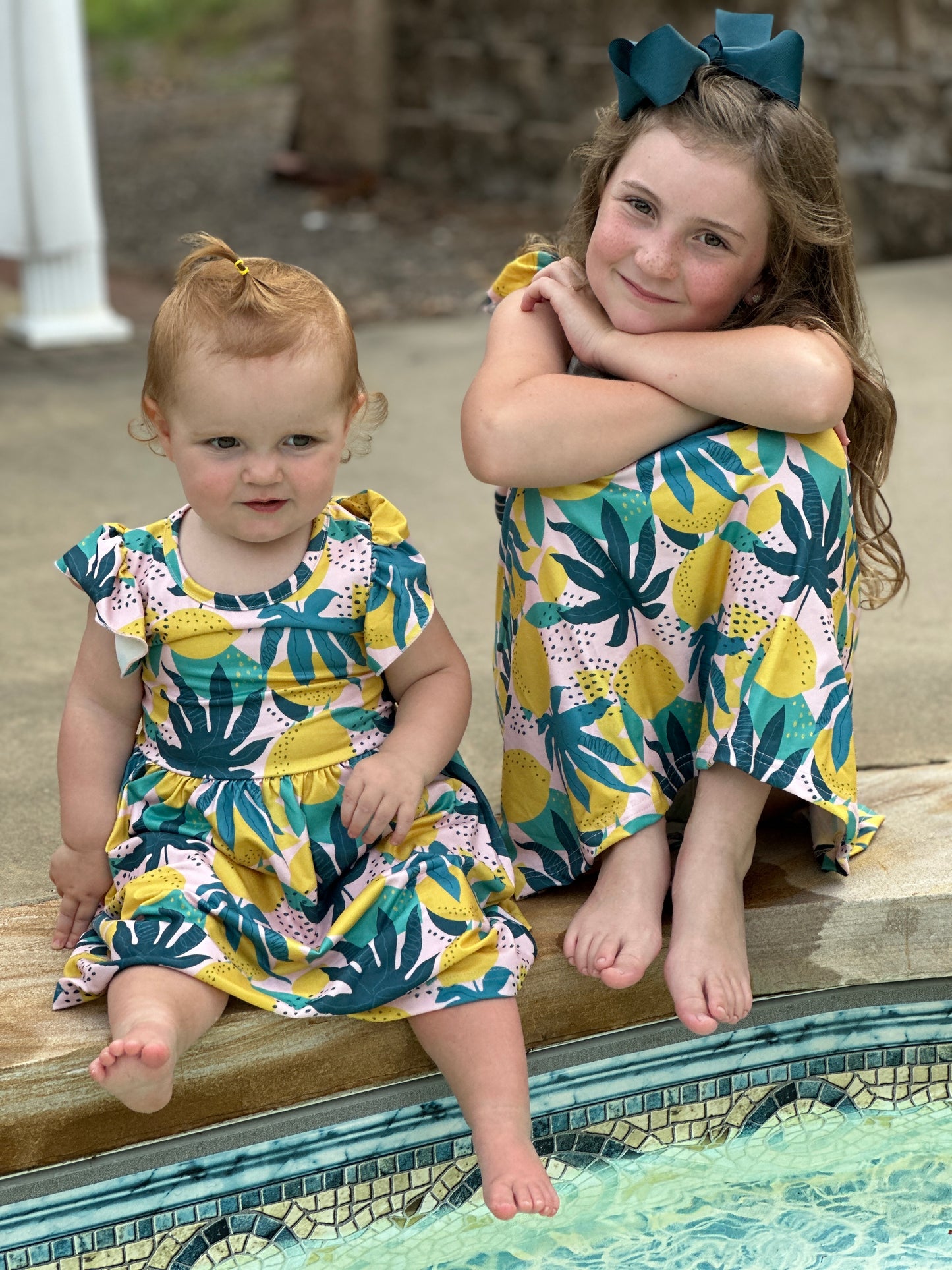 Girls' Tropical Lemon Flutter Sleeve Dress