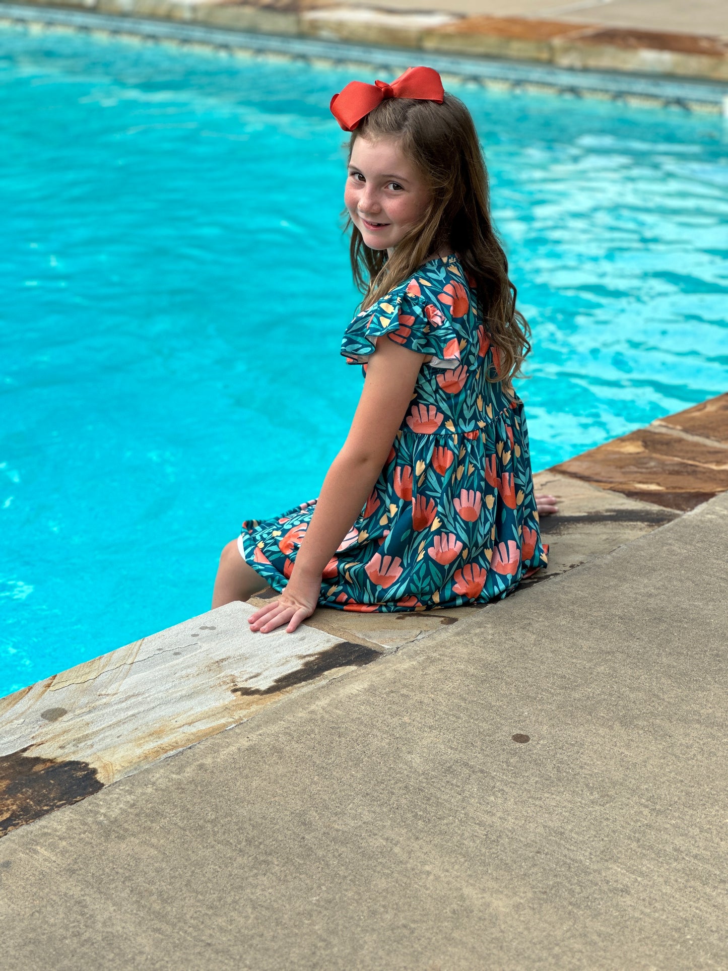 Girls' Teal Floral Flutter Sleeve Spring Dress