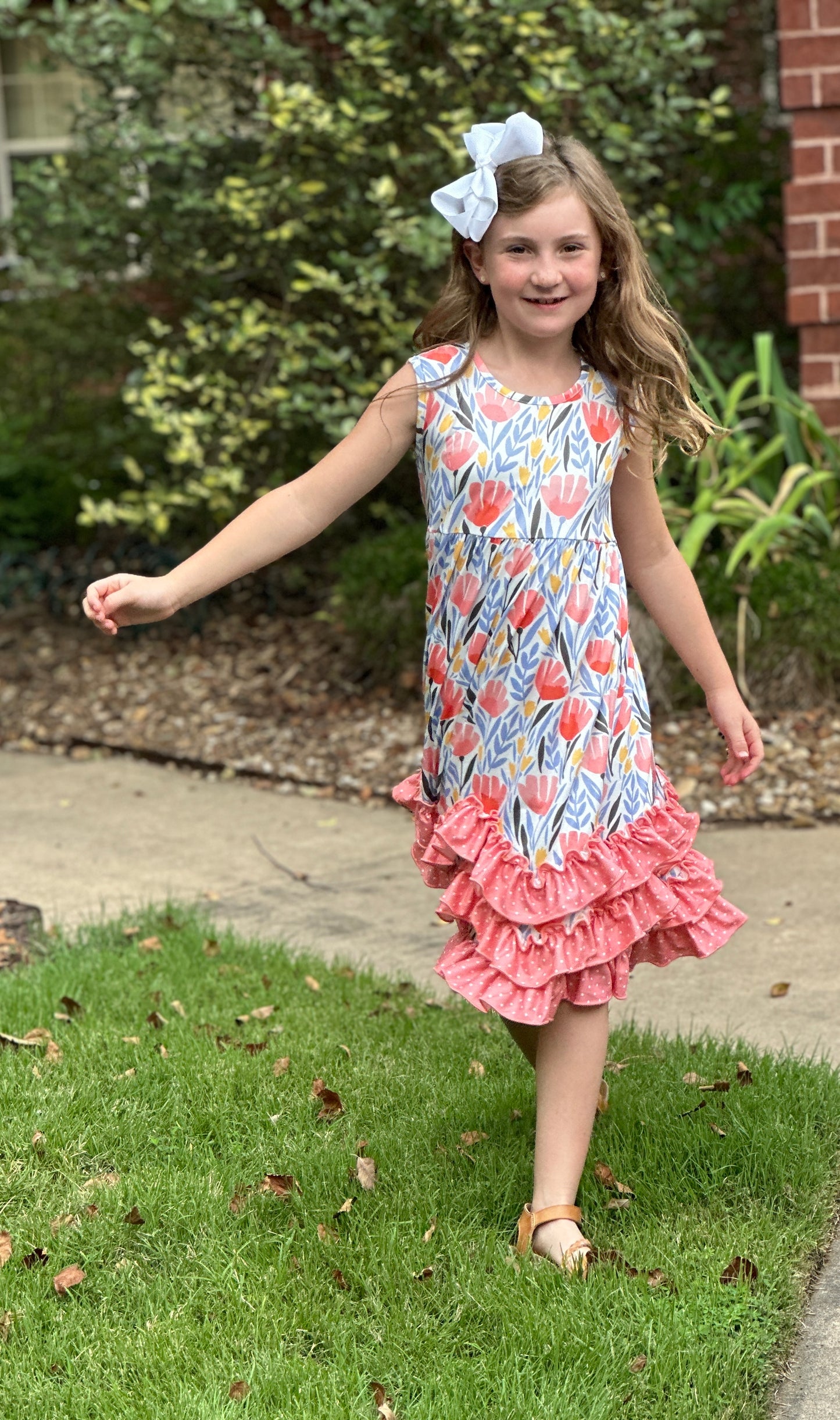 Girls' Peach Dot Floral Ruffle Dress