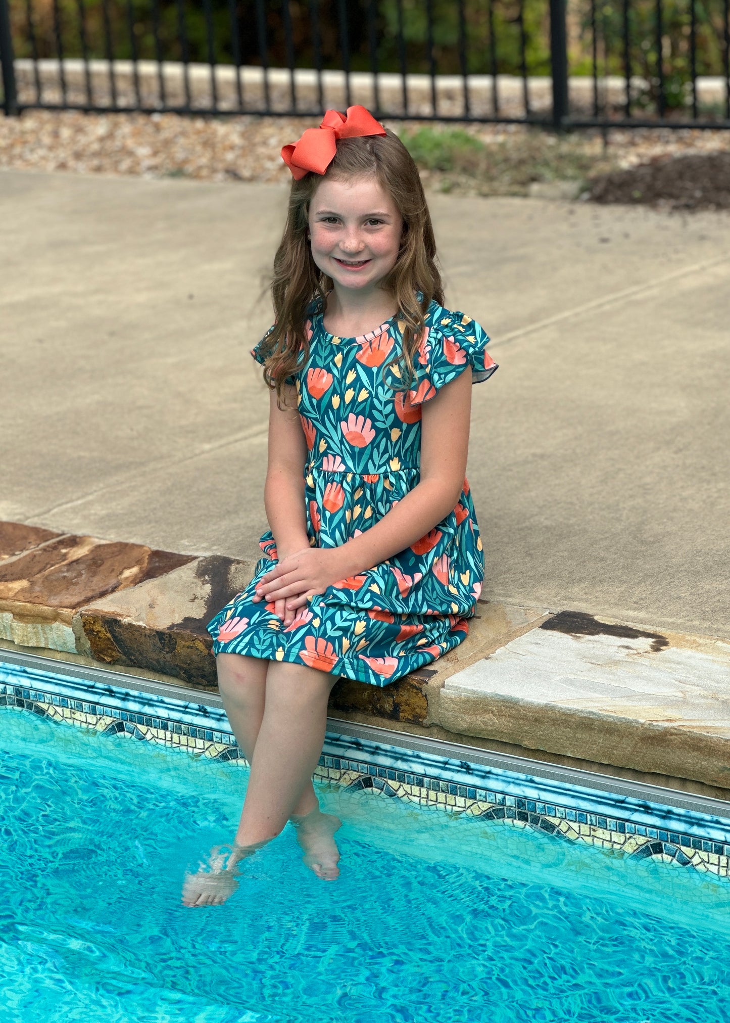 Girls' Teal Floral Flutter Sleeve Spring Dress