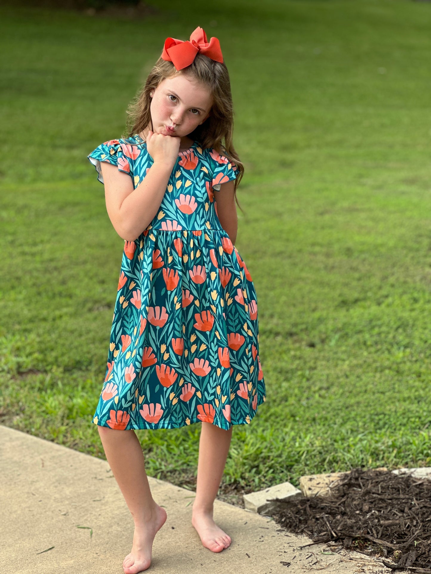 Girls' Teal Floral Flutter Sleeve Spring Dress