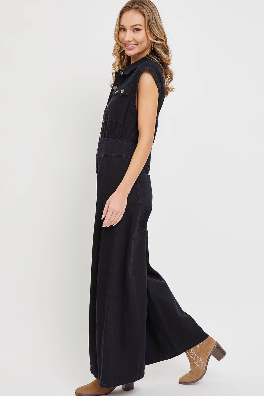 SB318 BLACK DENIM WIDE LEG ROMPER