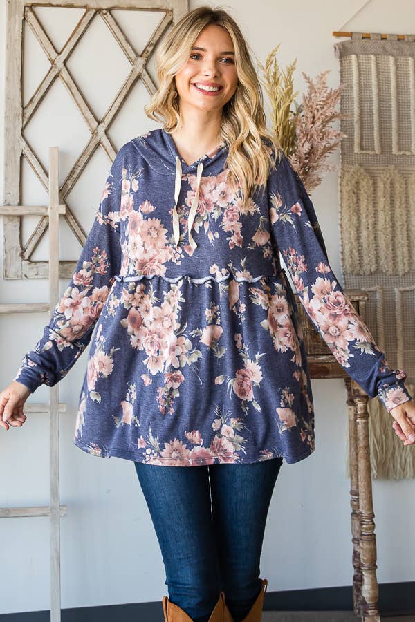 SBB9964 Vintage Floral Print Babydoll Hoodie Top
