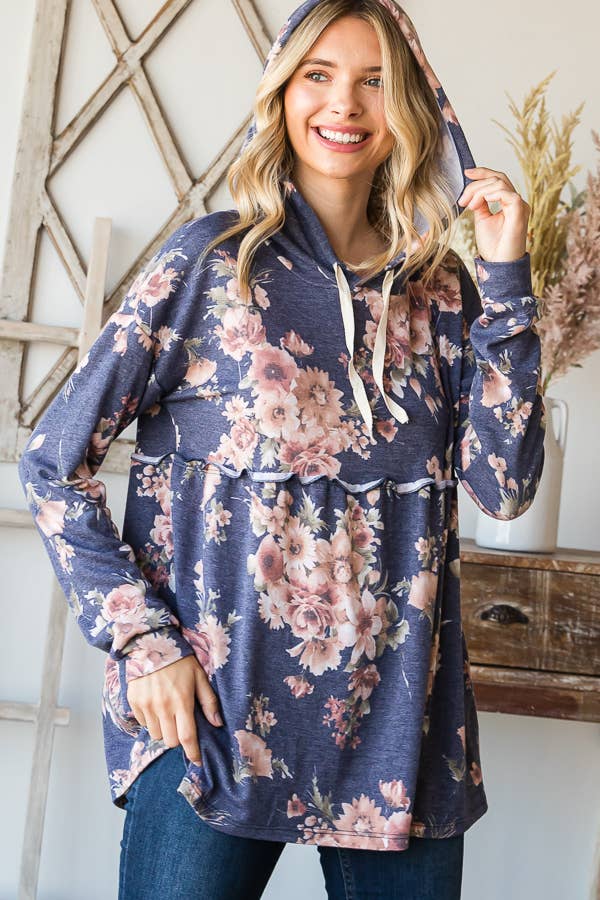 SBB9964 Vintage Floral Print Babydoll Hoodie Top