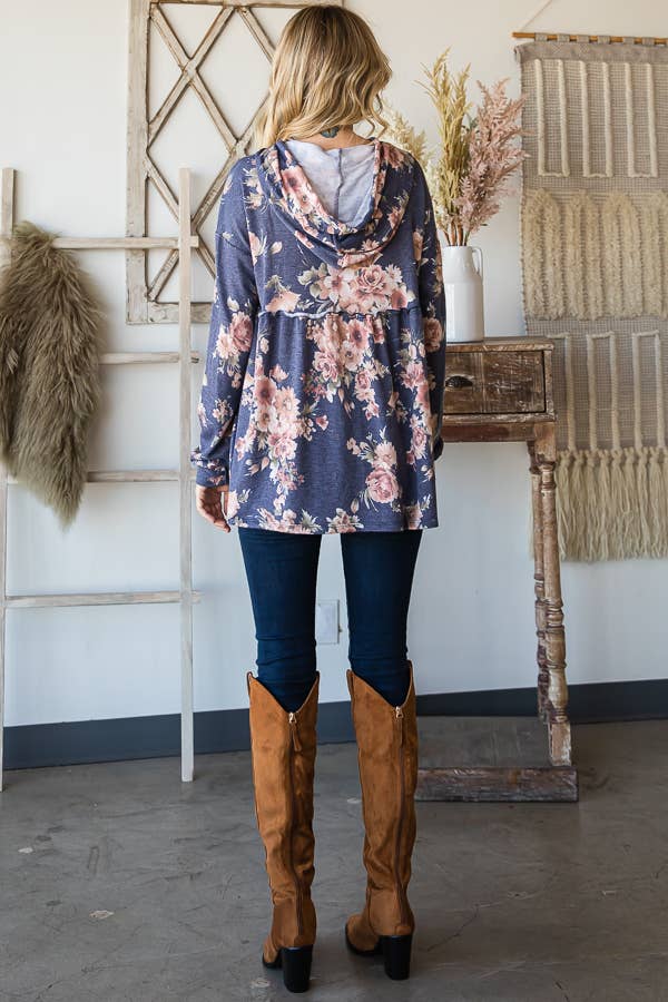 SBB9964 Vintage Floral Print Babydoll Hoodie Top
