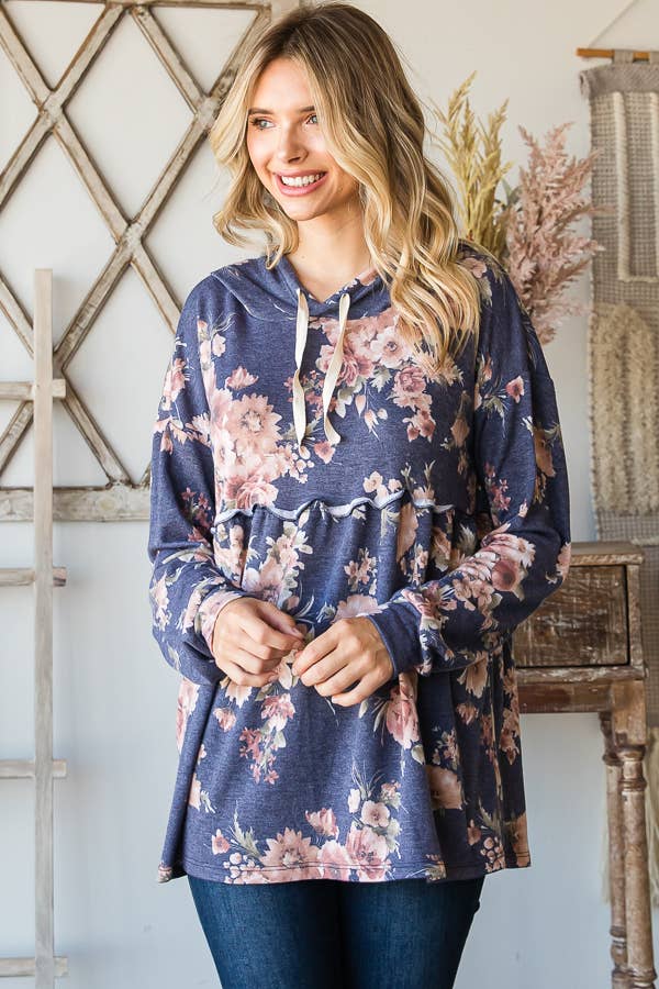 SBB9964 Vintage Floral Print Babydoll Hoodie Top