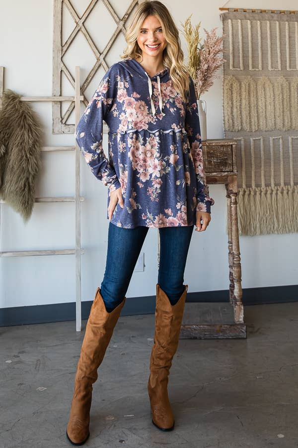 SBB9964 Vintage Floral Print Babydoll Hoodie Top