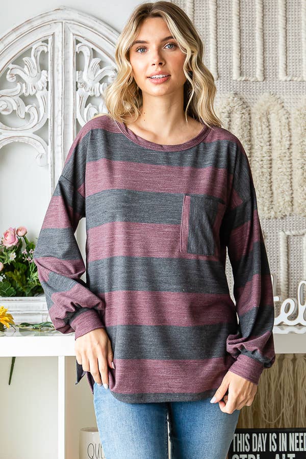 SB179 Heathered Wide Stripe Pocket Top