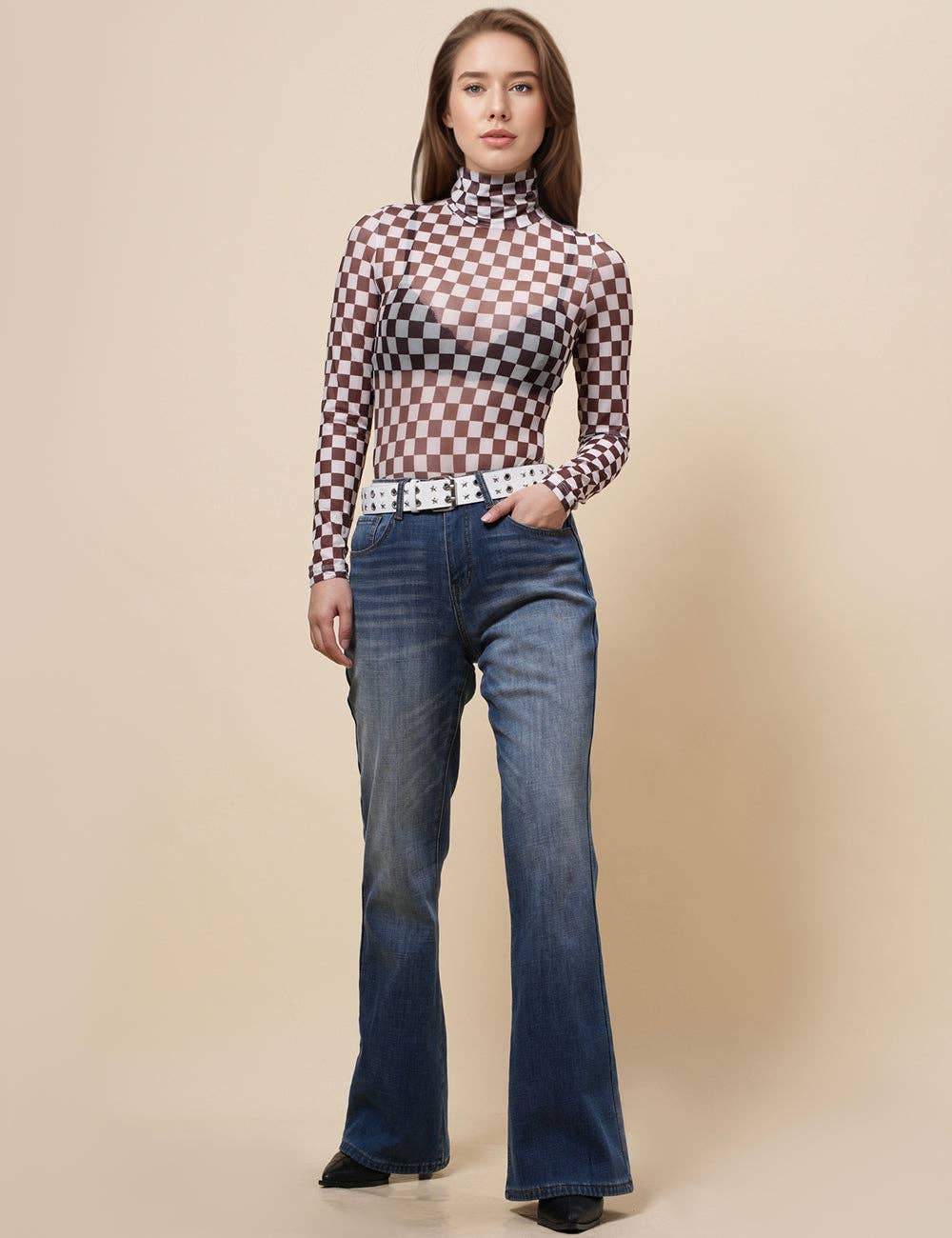 Sheer Grid Print Layering Bodysuit