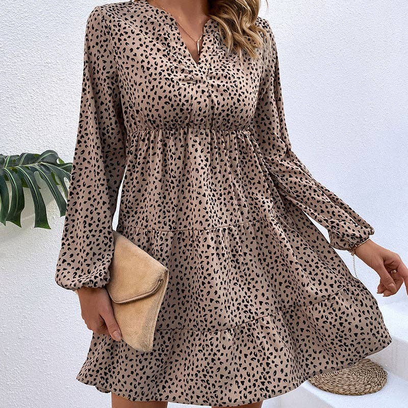 SB146 Pleated Leopard Print Long Sleeve Short Dress