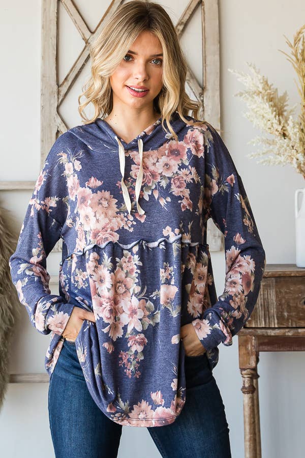 SBB9964 Vintage Floral Print Babydoll Hoodie Top