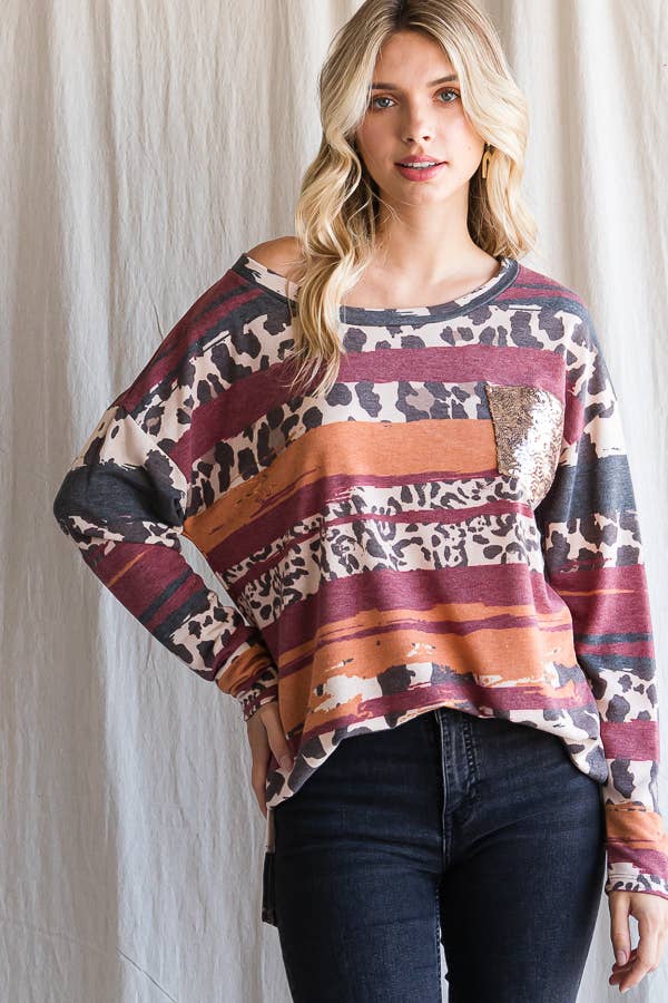 SBB9961 ANIMAL PRINT SEQUIN POCKET TOP