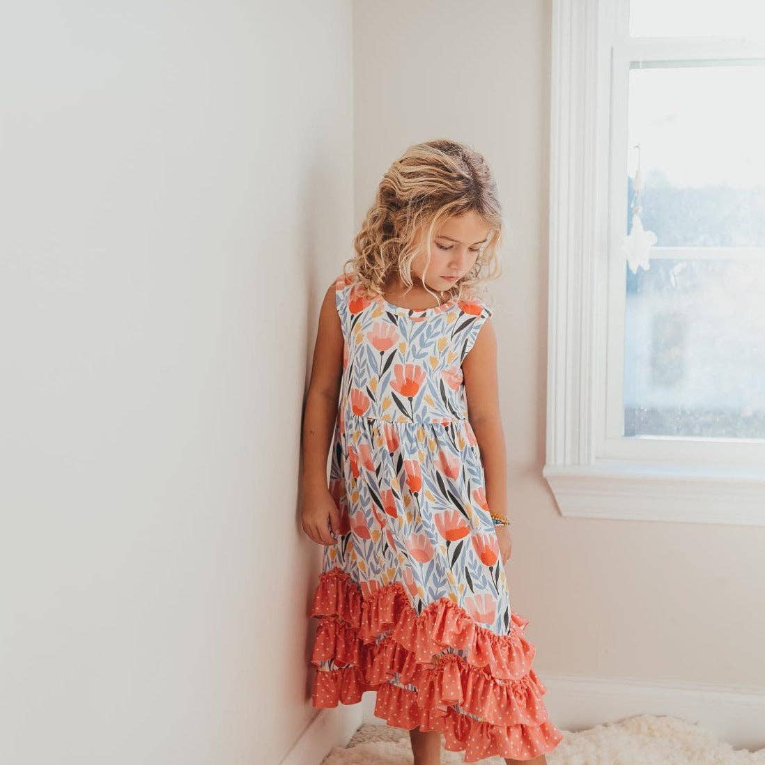 Girls' Peach Dot Floral Ruffle Dress