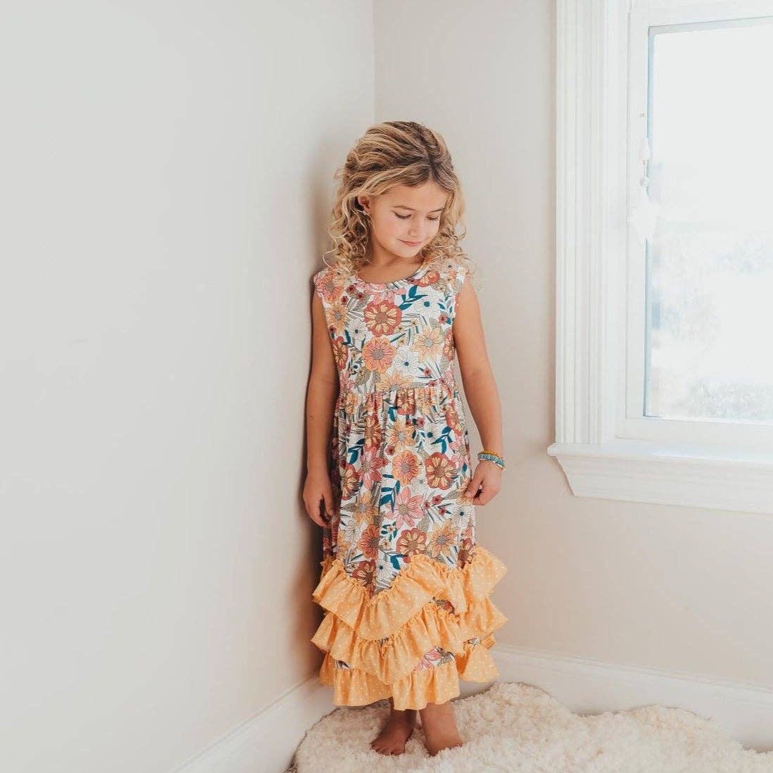 Girls' Vintage Butter Floral Tiered Ruffle Hem Dress