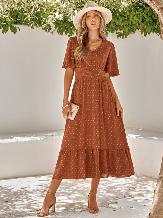 SBB9503 Swiss Dot V-Neck Midi Dress
