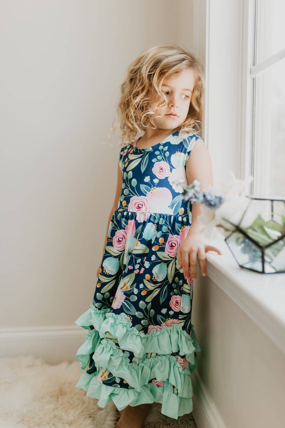 Girls' Blue Floral Ruffle Hem Dress