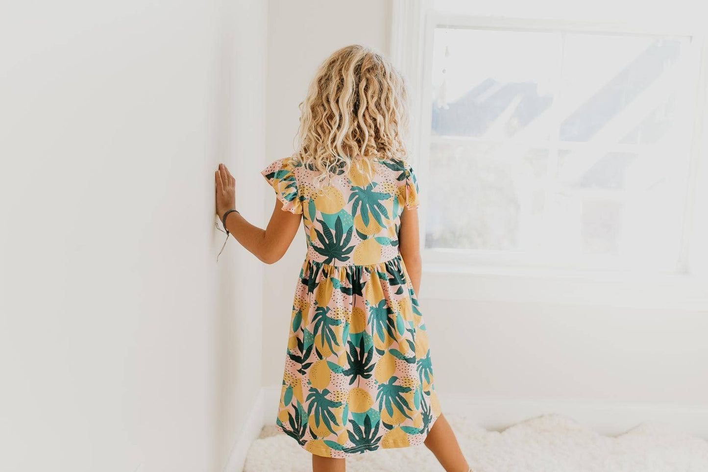 Girls' Tropical Lemon Flutter Sleeve Dress