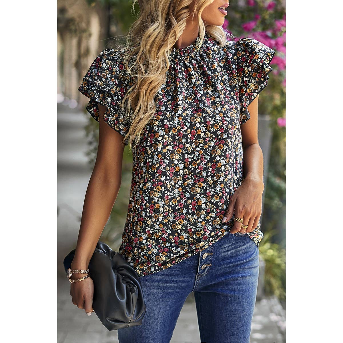 Floral Print High Neck Flutter Sleeve Top