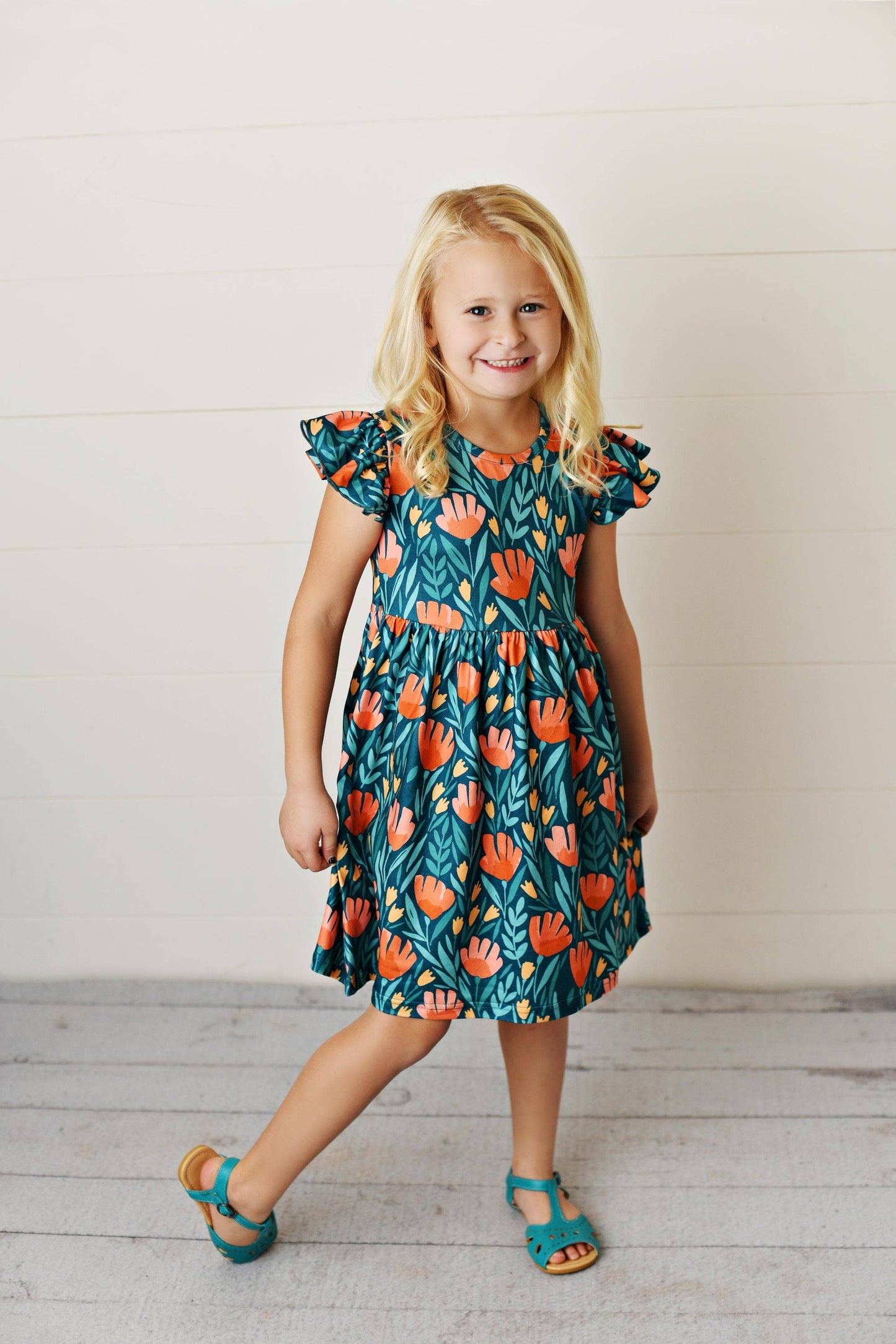 Girls' Teal Floral Flutter Sleeve Spring Dress