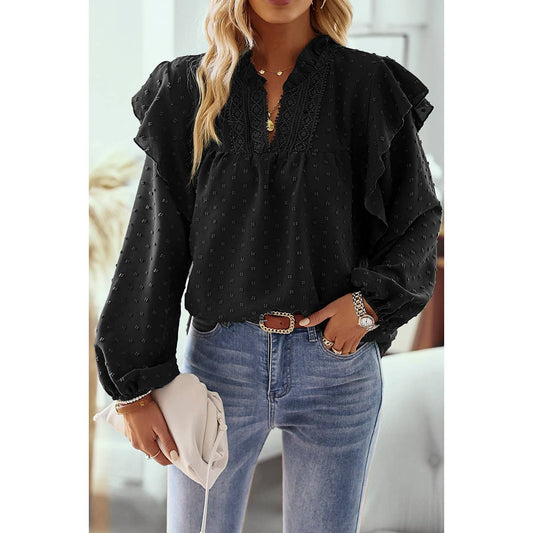 SBB490 Swiss Dot Solid Ruffled Lantern Sleeve Blouse