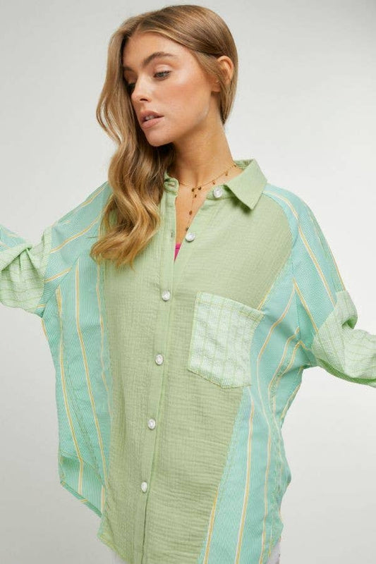 PLAID STRIPE COLOR BLOCK BUTTON FRONT SHIRT