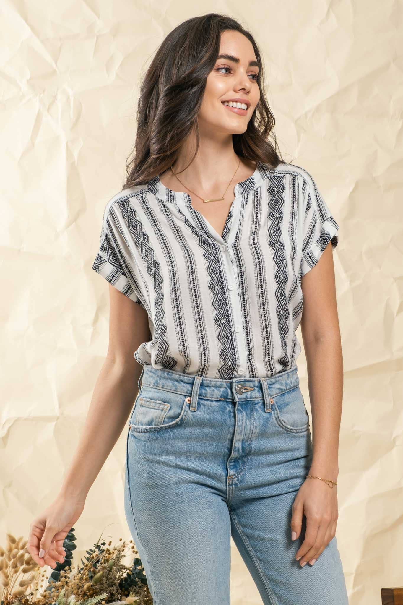 SBB786 GEOMETRIC PATTERN WOVEN TOP