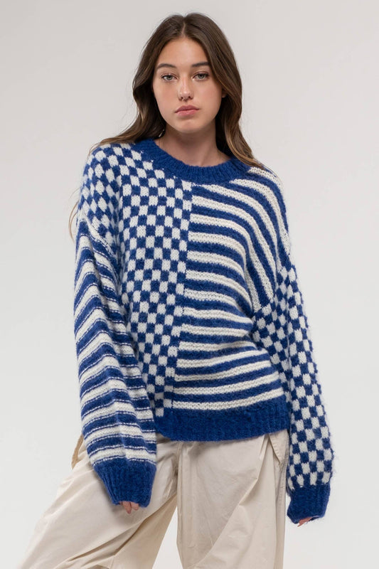 SB154 CHECKERED CREW KNIT SWEATER: ROYAL BLUE